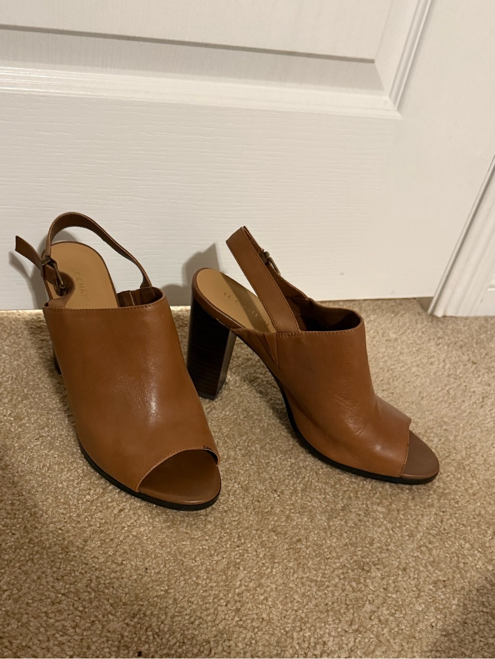 le chateau Tan Peep-Toe Slingback Block Heel Sandals